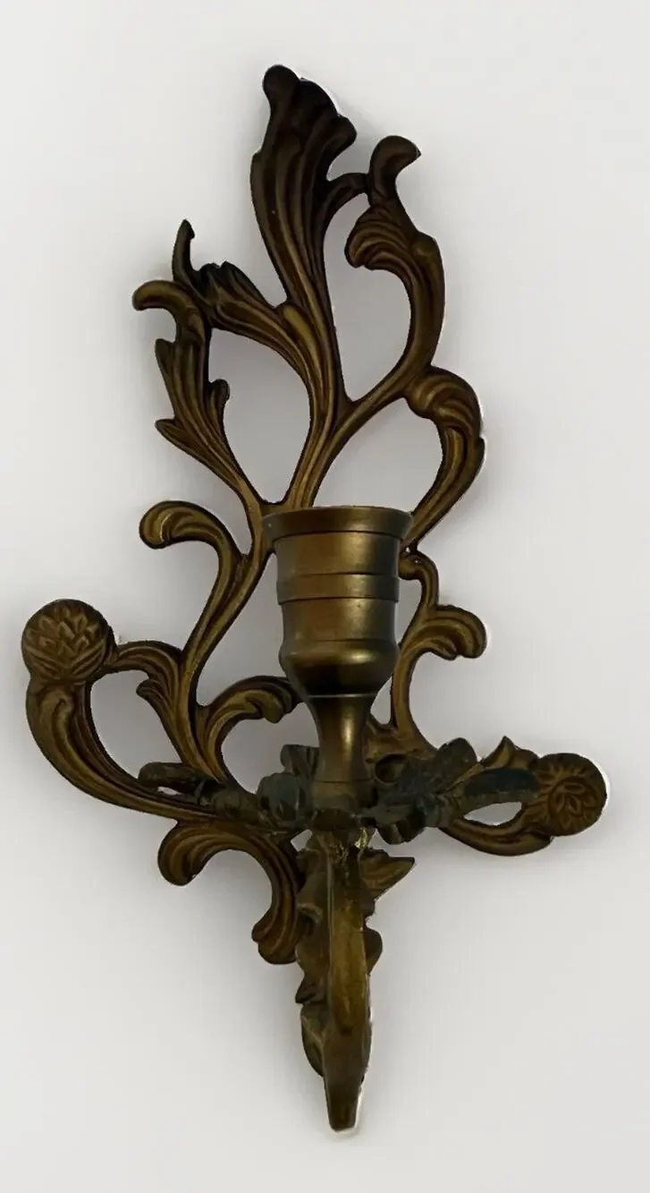 Elegant Vintage Solid Brass Floral Wall Sconce Double Candle Holder Rococo 13”